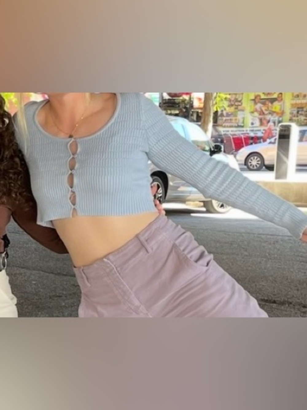 Light Blue Ribbed Cropped Button-Front Top - Picture 2 of 3